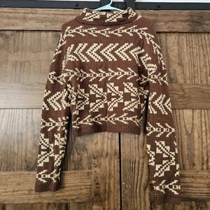 Roll Fold Mock Brown Tan Tribal Design Pattern Arrows Turtleneck Sweater Cozy